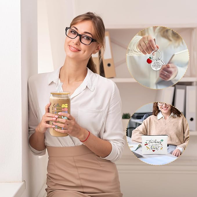 UAREHIBY 12 PCS Teacher Appreciation Gifts In Bulk,Thank You Teachers Gifts for Women with 16 OZ Glass,Teacher Christmas,Valentines Day Gift with Makeup Bag,Key chain,Teachers Gift from Students