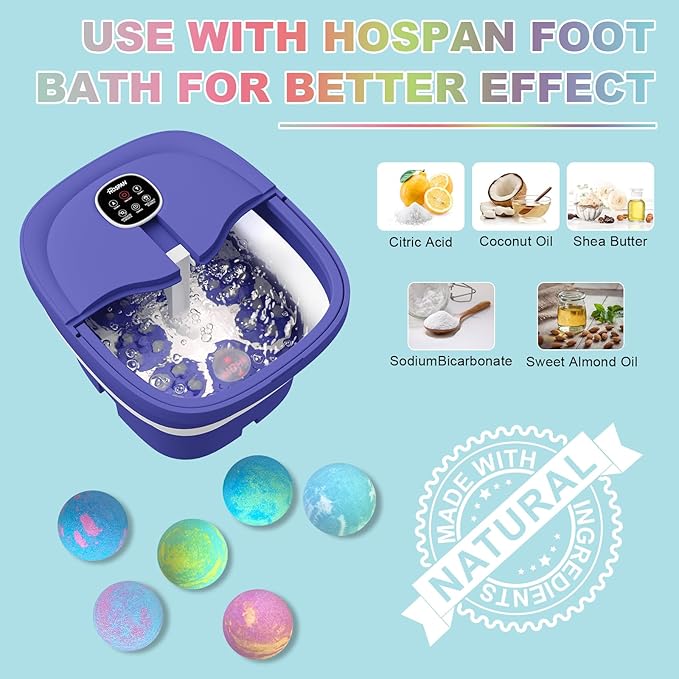 HOSPAN Collapsible Foot Spa Electric Rotary Massage, Foot Bath with Heat, Bubble, Remote, and 24 Motorized Shiatsu Massage Balls & 12 Essential Oil Rich Foot Bath Bombs Gift Set for Feet Stress Relief