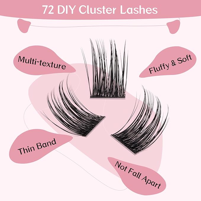 Cluster Lashes, 72 Pcs Individual Lashes, Lash Clusters DIY Eyelash Extension, Super Thin Band Reusable Soft & Comfortable (Pined-D-14mm)