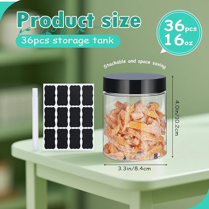 36pcs 16 oz Plastic Containers with Lids Pen Labels Leak Proof BPA Free Airtight Refillable Clear Small Containers Storage Jars for Storing Dry Food Makeup Slime Honey Jam,black