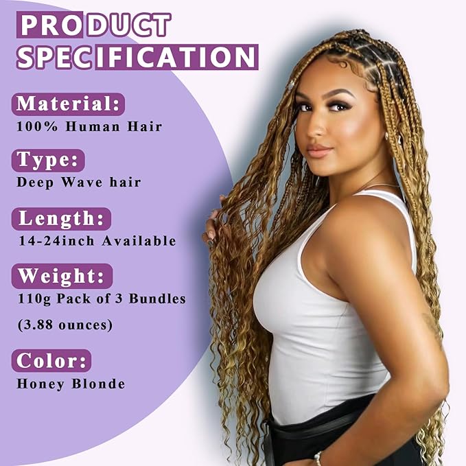 Human Braiding Hair For Boho Braids Deep Water Wave Human Bulk Hair for Braiding 12A Brazilian Virgin Human Hair Extensions for Boho Braids 3 Bundles/Pack 110g Honey Blonde 20inch