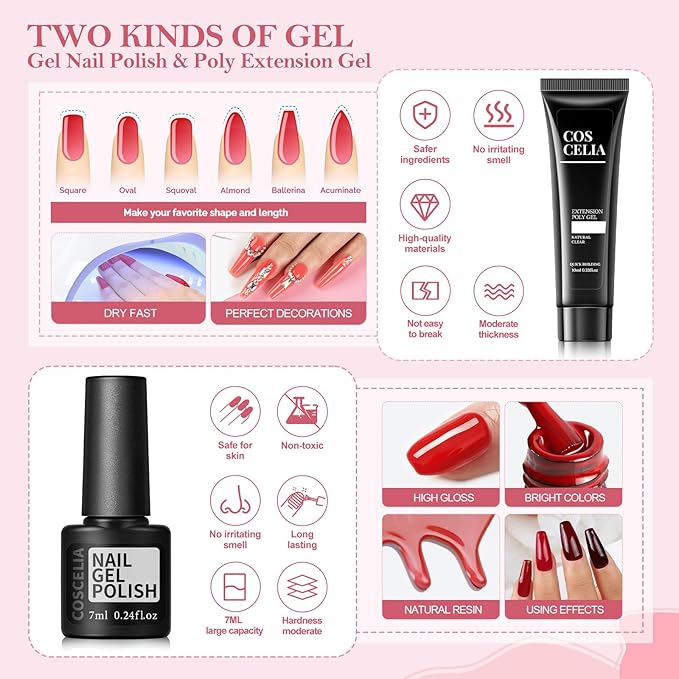 42PCS Gel Nail Polish Kit with U V Light and Drill, 15 Colors Nail Polish with 3 PCS Poly ExtensionGel 5PCS Top Base Coat Gel Manicure Starter Kit Gifts for Women