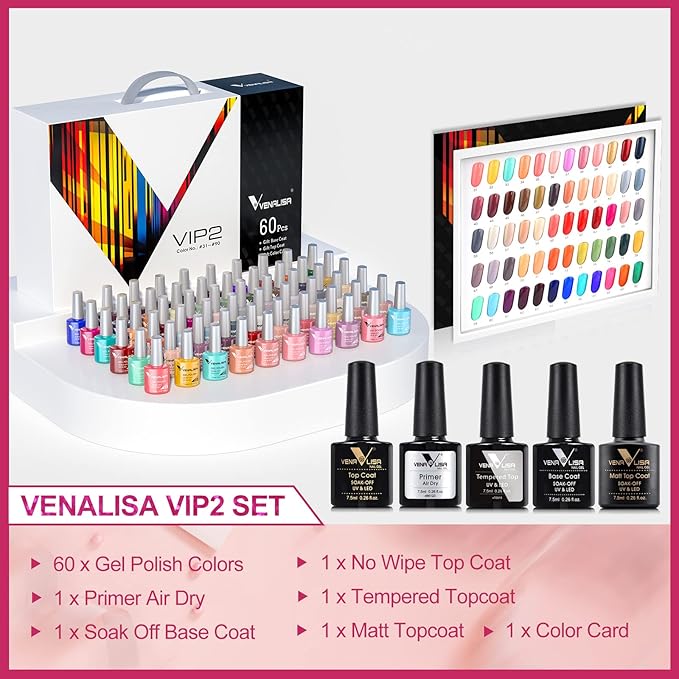 VENALISA VIP2 Set 60 Colors 7.5ml Gel Nail Polish Kit with Base Top Matt Coat,Soak Off UV LED Nail Gel Polish with Colors Card Nail Art Starter Manicure Salon
