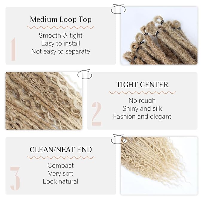 24 Inch 30 Strands SE Dreadlock Extensions Sets，3 In 1 Mixed Synthetic Dreads Extensions, Light Brown to Blonde Straight&Curly&Boho Handmade Dreads Hippie Style Dreadlocks for Woman