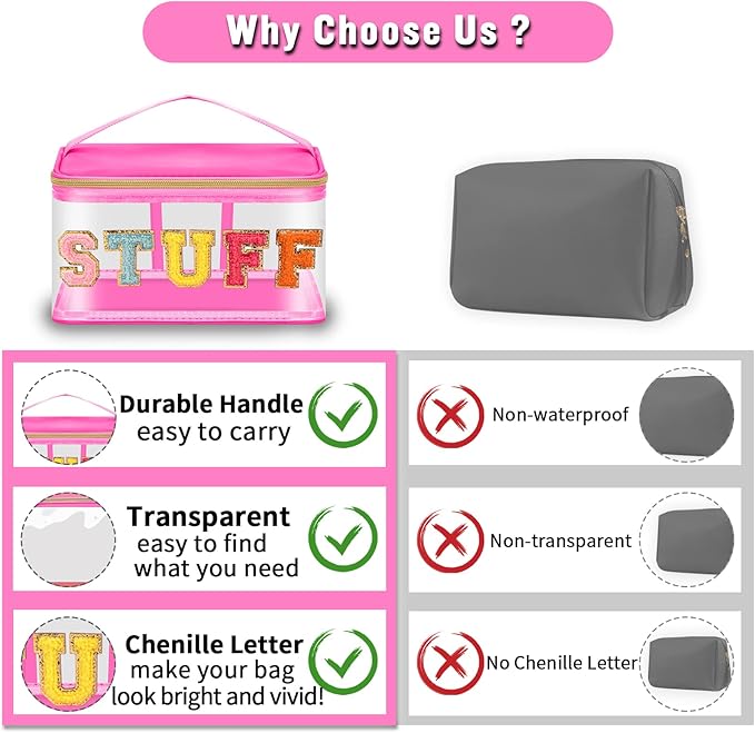 Chenille Letter Clear Makeup Bags Stuff Pouch, Preppy Patch Makeup Bag Zipper with Handle, Transparent PVC & Nylon Waterproof Glitter Cosmetic Handbag Travel Toiletry Storage for Women(STUFF-Rose)