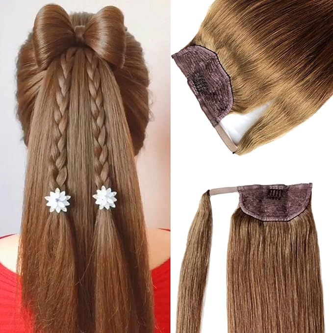 Ponytail Extension Human Hair Ponytail Straight Clip in Wrap Around Pony Remy Hair Extensions for Women 18 Inch 80G #Ash Brown