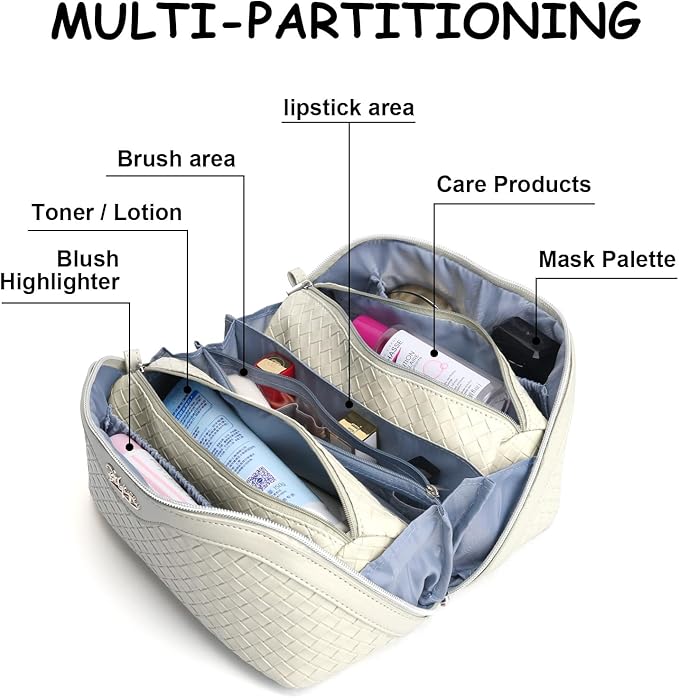 BOYATU Travel Makeup Bags for Women: Large Cosmetic Bag - Vegan Leather Make up Bags Set of 3 - Protable Toiletry Bag Compact Organizer with Compartments (L12 Beige)