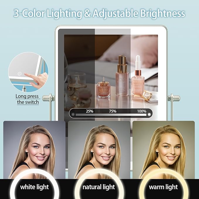 FASCINATE Rechargeable Wall Mounted Makeup Mirror with Lights, Bathroom Mirror Rectangle 8.7 Inch Double Sided 1X 10X Magnifying Mirror with 3 Color Setting Extended Arm 360° Swivel Foldable Bronze