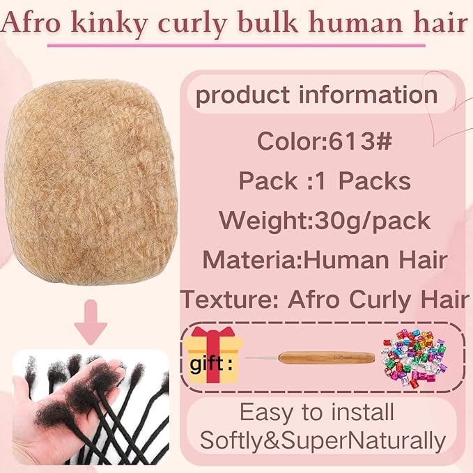 Afro Kinkys Bulk Human Hair for Dreadlock Extensions,Repair Locs, Twists and Braids, 30 Gram Each Package Afro Kinky Bulk 100% Human Hair for Locs (Blonde, 8inch)