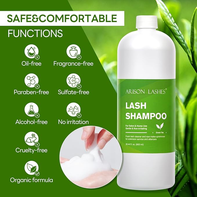 ARISON LASHES Lash Shampoo Large Bottle Eyelash Cleanser 900ML, Professional Lash Shampoo for Lash Extensions Premium Eyelid Foaming Cleanser for Salon and Home Use（tree tea）