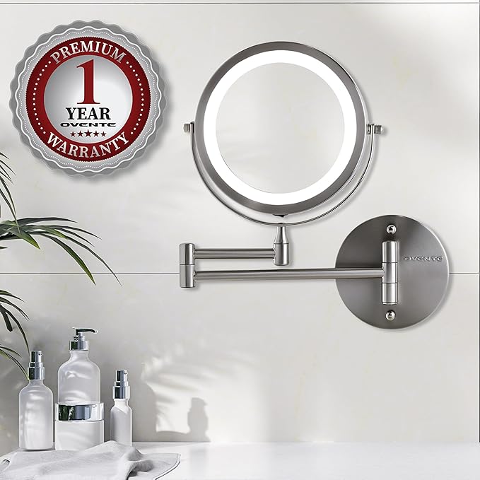 OVENTE 7" Lighted Wall Mount Makeup Mirror with 1X/10X Magnification, Cordless Double Sided Magnifying Round Vanity Mirror, 360° Swivel Design, Extendable and Folding Arm, Nickel Brushed MFW70BR1X10X