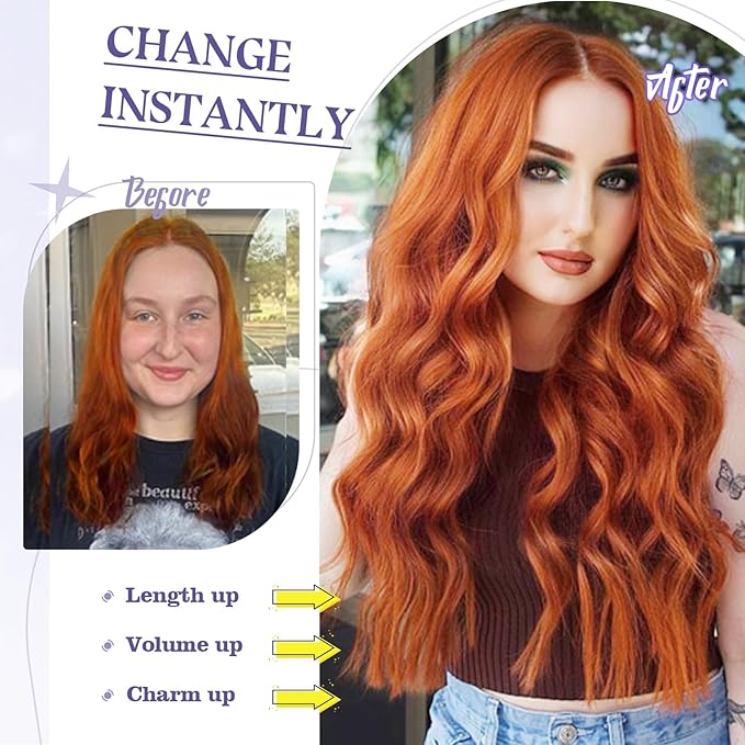 Clip in Hair Extensions for Women 20 Inch 5Pcs Long Wavy Curly Auburn Copper Red Hair Extensions Clip ins Full Head Synthetic Hair Extension for Women