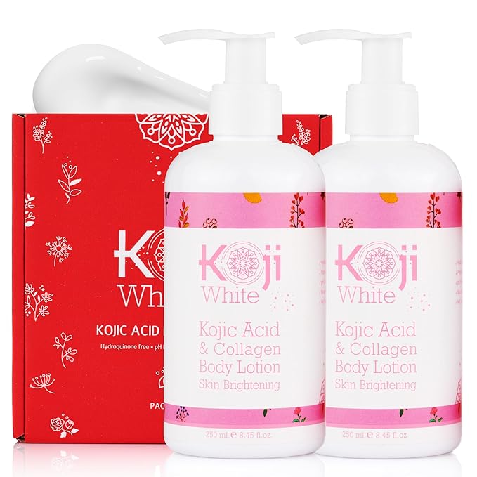 Koji White Kojic Acid & Collagen Body Lotion, Women Gifts Set for Skin Brightening with Arbutin, Glowing Skin, Moisturizer & Radiant Complexion, Uneven Skin Tone - Vegan, 8.45 Fl Oz (2 Packs)