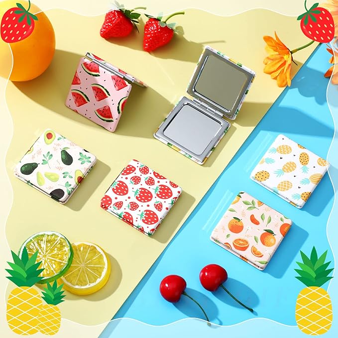 Vicenpal Compact Mirrors Small Pocket Fruit Design Mini Magnifying Portable Makeup Compact Pu Leather Double Sided Pocket Mirror for Women Girls Mother Kids Gift(6 Pcs)