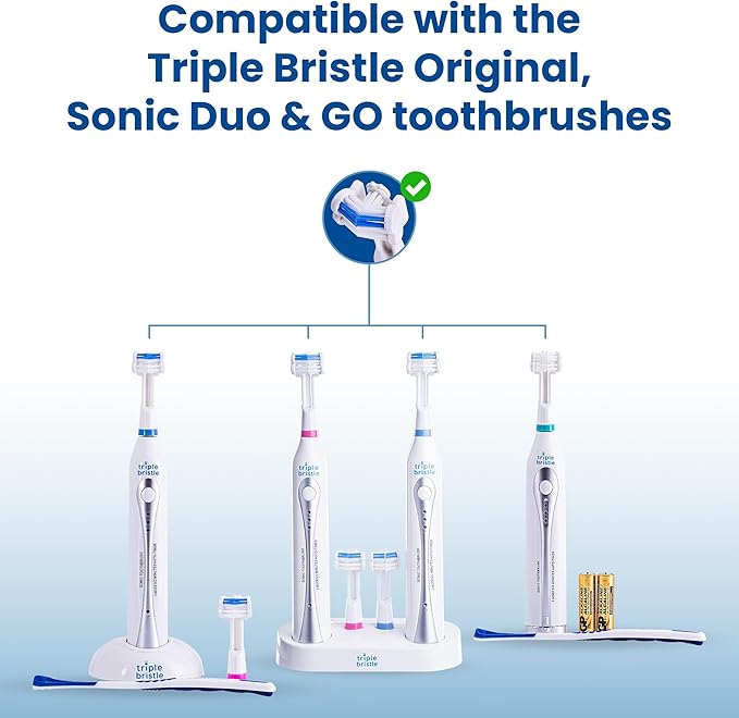 Triple Bristle Replacement Brush Head Refills | Innovative 3 Sided Head Design | Compatible with Triple Bristle Brand Sonic Toothbrush | Color Changing Indicator Bristles | 4 Pack (2 Pink + 2 Blue)