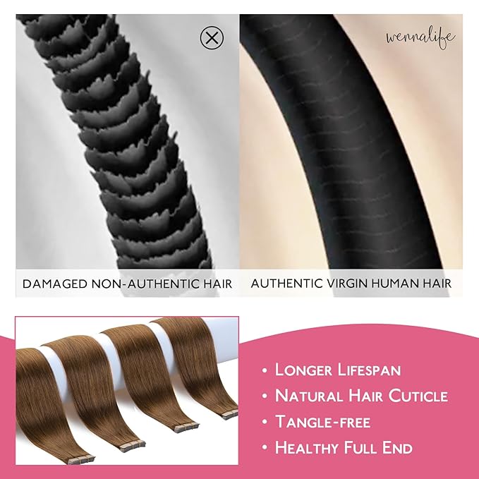 WENNALIFE Tape in Hair Extensions 10pcs 20g 10 inch Remy Invisible Tape Ins Straight Light Auburn Brown Colored Soft Real Human Hair Refill Set