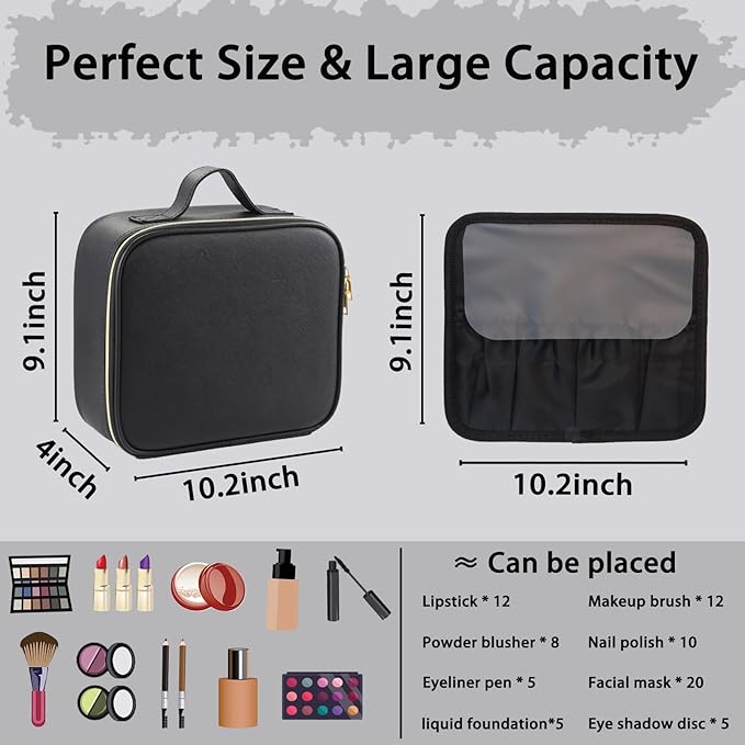 Travel Makeup Bag with LED Lighted Mirror,Cosmetics Organizer, with 3 Color Lighted Setting, Portable Storage and Adjustable Dividers Travel Makeup Bag(Black)