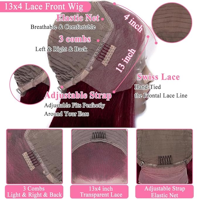 Azkiu 30 Inch 99J Burgundy Lace Front Wigs Human Hair Wine Red Colored Straight 13x4 HD Lace Frontal Wigs Human Hair Pre Plucked with Baby Hair Glueless 150% Density