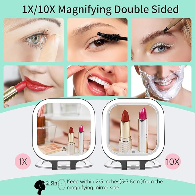 FASCINATE 10X Magnification Rechargeable Travel Makeup Mirror, Lighted Portable Vanity Mirror with 3 Colors Lighting & Stepless Dimming, Double Sided LED Mirror, Gift for Women (Black)