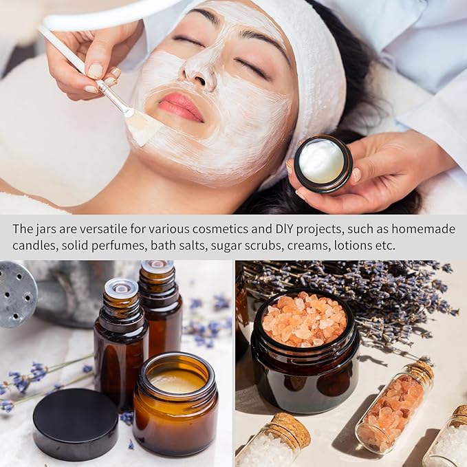 KEYWING 2oz Small Glass Jars, 35 Pack Amber Glass Cosmetic Jars with Black Lids, Round Sample Container with Inner Liners for Cream, Lotions, Powders and Ointments