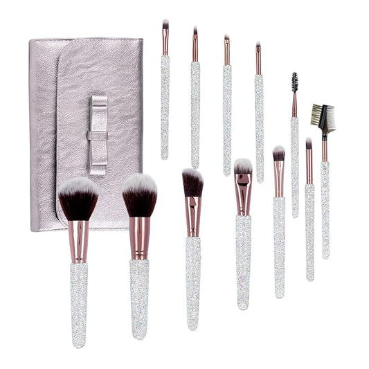 Makeup Brushes Bling Crystal Professional Face Cosmetics Blending Liquid Foundation Powder Concealer Eye Shadows Make Up Beauty Tool Glitter with Pouch Bag Kit Purely Handmade (12PCS) (White)