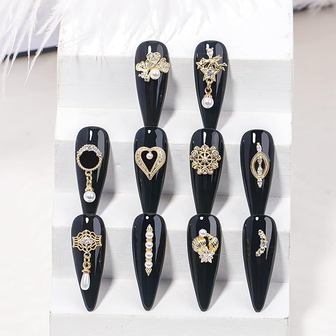 HNUIX Nail Charms and Gems - Gold Copper Zircon, Multiple Shapes 3D Dangle, Metal Jewelry Rhinestones for Nails (20pieces C Set)