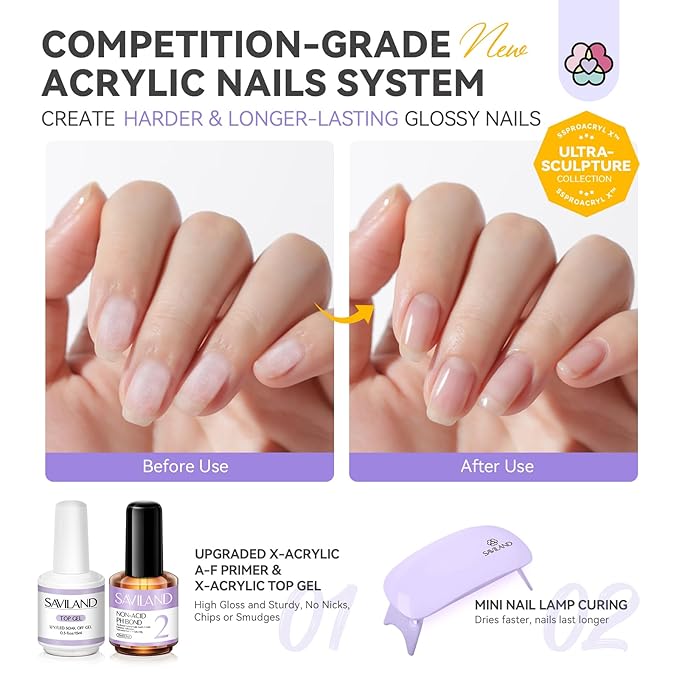 SAVILAND Acrylic Nail Kit with Drill: Nail Kit for Beginners with Everything Nails Kit Acrylic Set Acrylic Powder and Liquid Set with Essential Oils Nail Decoration U V Nail Light DIY Home Salon