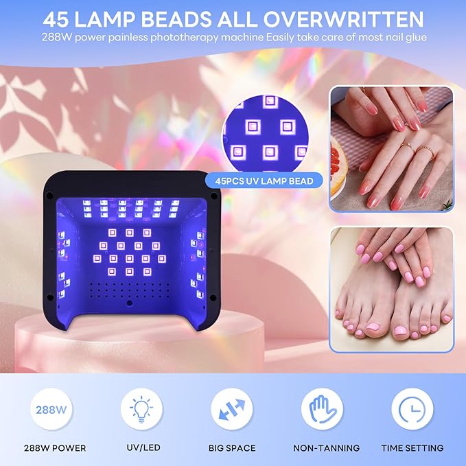 288W UV Light for Nails, UV Nail Lamp for Gel Nails, Diamond LED Nail Dryer for Gel Polish,Professional UV LED Nail Lamp, Fast Nail Curing Lamp 4 Time Setting & Auto Sensor for Salon & Home