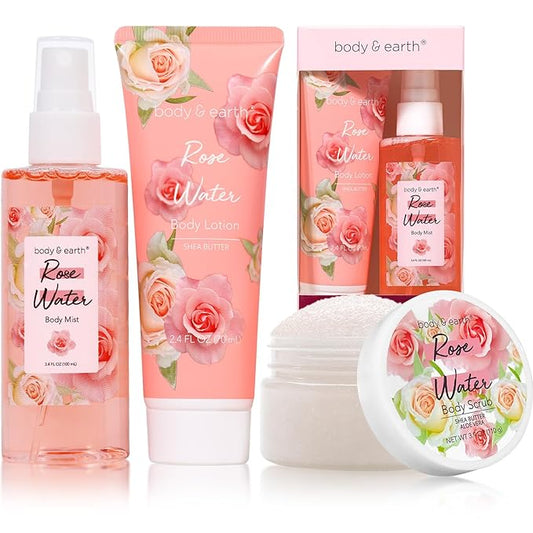 Body & Earth Gift Set - Spa Sets for Women, Perfume, Body Lotion, and Scrub in a Rose Water Box - Perfect Birthday Gifts for Mom Girlfriend Her