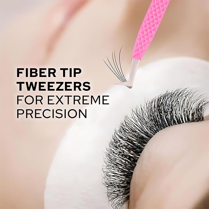 M LASH Tweezers for Eyelash Extensions (Set of 4) - Professional Lash Extension Tweezers - Fiber Tip, Japanese Steel, Diamond Grip Eyelash Extension Tweezer (ET-Neu)