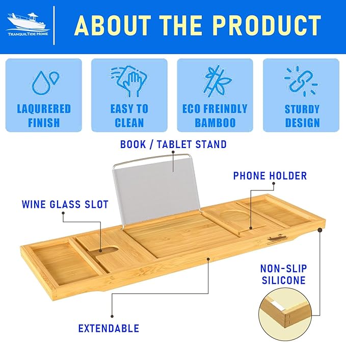 Foldable Bathtub Tray Expandable to 109cm with Bath Bomb and Scented Candle, Adjustable, Waterproof Bamboo Bathtub Caddy with Anti Slip Grip Pads for Home Spa