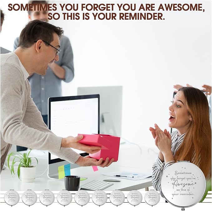 Roowest 10 Pcs Inspirational Compact Mirror Sometimes You Forget You're Awesome Appreciation Gifts for Women Mother's Day Party Favors Magnifying Pocket Mirror (White)