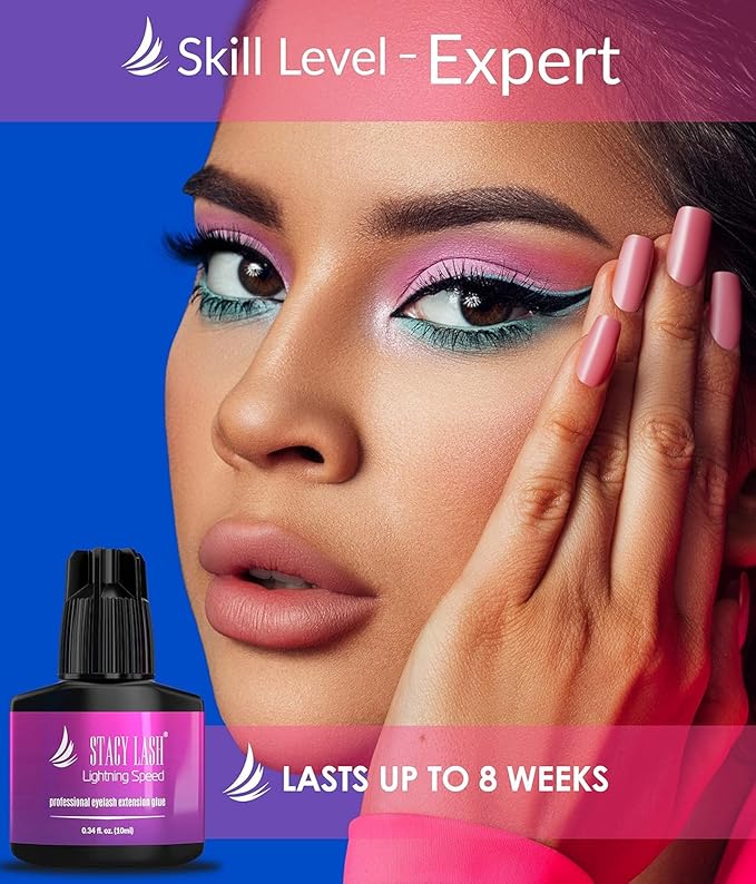 Lightning Speed Eyelash Extension Glue – Stacy Lash 10ml/0.34 fl.oz / 0.3 Sec Dry/Retention – 6-8 Weeks/Black Adhesive/Professional Supplies