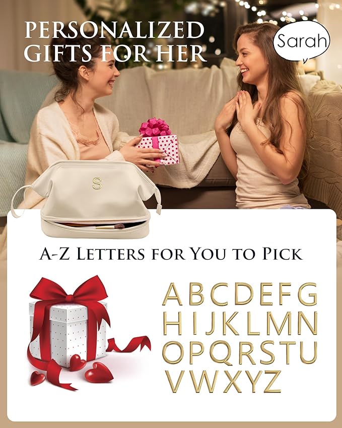 Birthday Gifts for 14 15 16 17 18 19 Year Old Girls, Initial Large Makeup Bags, Personalized Double Layer Cosmetic Bag with Makeup Brush Organizer,Gifts for Women Girlfriend Friends Female