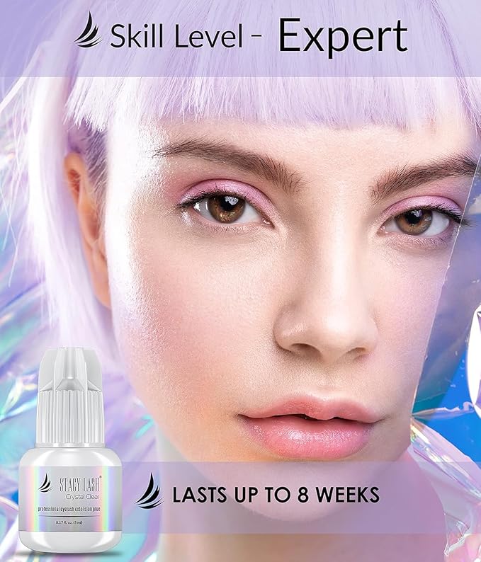 Crystal Clear Eyelash Extension Glue Stacy Lash (0.17fl.oz/5ml)/1 Sec Drying Time/Retention – 8 Weeks/Transparent Adhesive/Professional Supplies