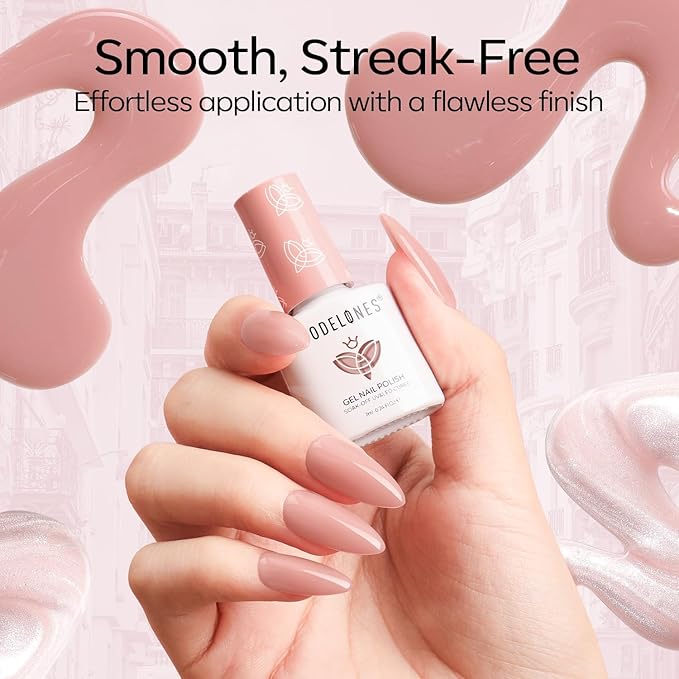 modelones Gel Nail Polish Kit with U V Light, 4 Colors Gel Mini Salon, Base&Top Coat and Stickers, Milky White Nude Pink Glitter Fall Manicure Set, DIY Home Nail Art Decoration Kit, Gift for Women