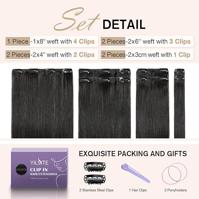 Yilite Black Hair Extensions - 18 Inch Clip in Real Human Hair, Invisible Double Weft, Natural Black Straight, 7 Pcs, 80g