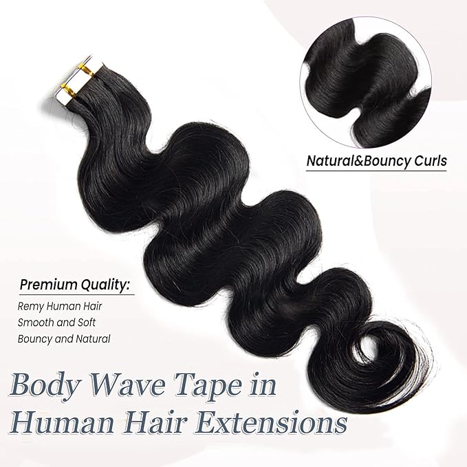 22Inch Curly Human Hair Extension PU Tape ins Natural Body Wave Tape On Real Human Hair Invisible Curly Tape in Hair Extensions Glue in Hair Extensions 20pcs 50g/Pack for Women Double Side