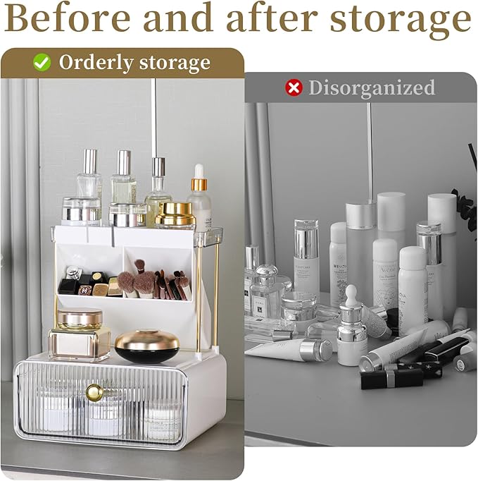 Makeup Organizer with Drawer, Bathroom Organizers and Storage，Makeup Brush Holder,Lipstick and Perfume Organizer,Cosmetic and Vanity Organizer,Desk Organizer (TRANSPARENT COLOR)
