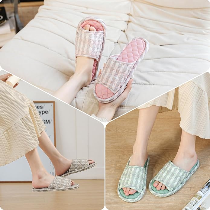 3 Pairs Floral Cotton House Slippers for Women, Open Toe Indoor Slippers Comfortable Washable Portable Foldable Guest Travel Hotel Airplane Spa Slippers