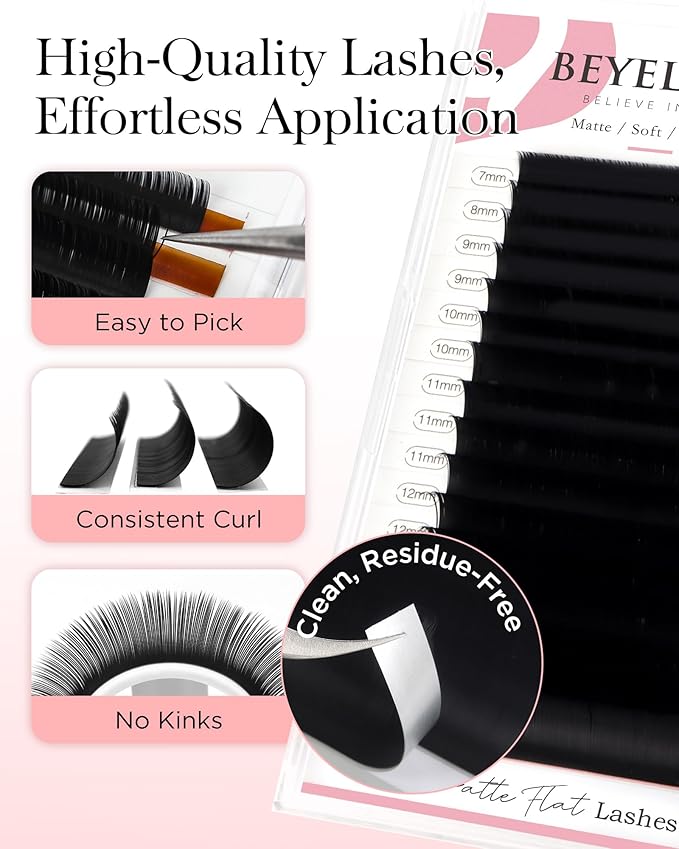 BEYELIAN Ellipse Flat Lash Extension 16 Rows 0.15 C Curl 12mm Single Length Tray Flat Eyelash Extension Matte Black Classic Lash Extensions Professional Supplies