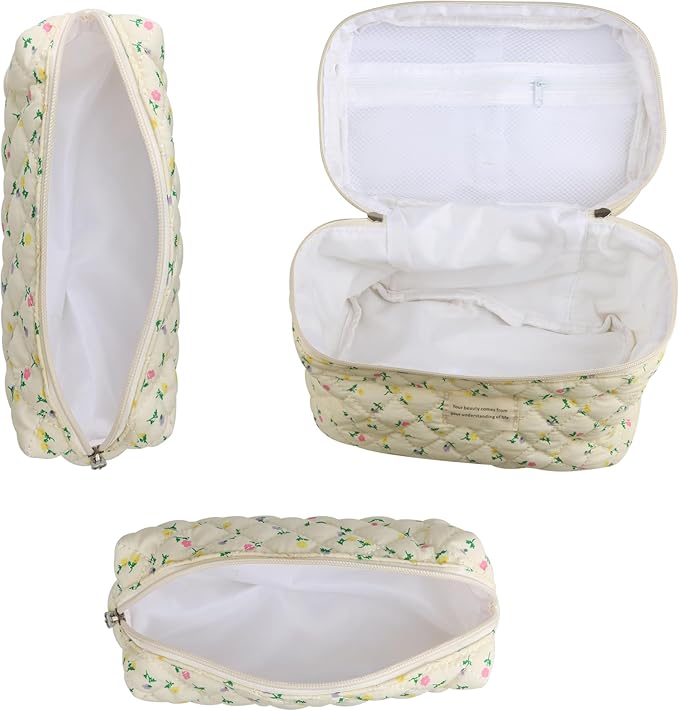 Dual Layer Cute Makeup Bag for Women(3 Pcs), Quilted Floral Coquette Aesthetic Make up Bags, Travel Cosmetic Bags Toiletry Organizer Bag(Hot Pink Flowr)