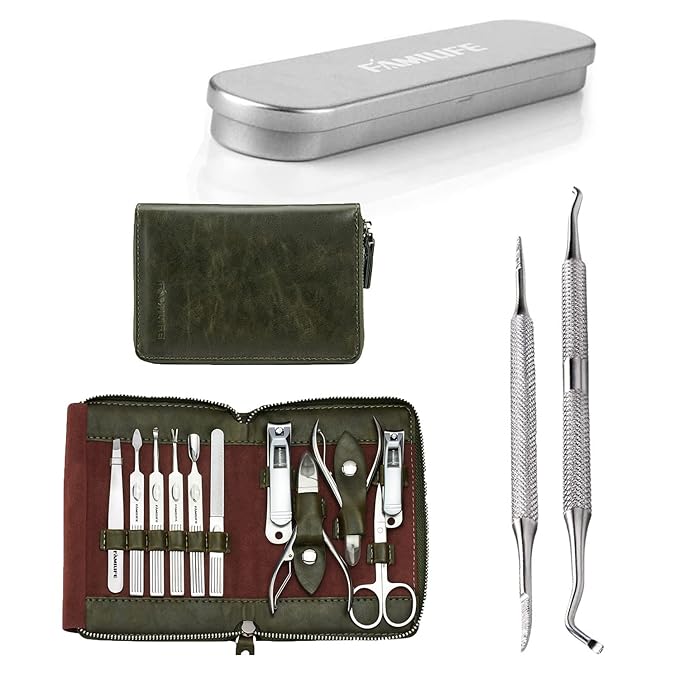 FAMILIFE Manicure Set, Nail Kit 11 in 1 pedicure kit Stainless Steel Mens Manicure Kit Leather Pedicure Tools and 100% Stainless Steel Ingrown Toenail File and Lifter Double Sided with Storage Case