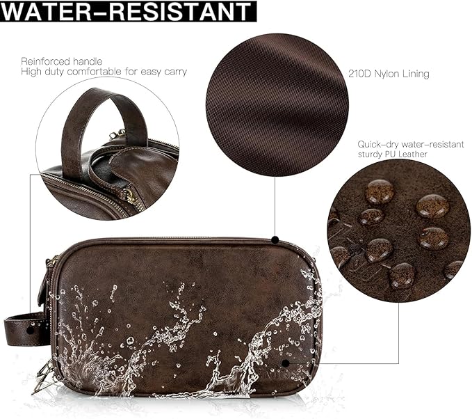 Elviros Toiletry Bag for Men, Large Travel Shaving Dopp Kit Water-resistant Bathroom Toiletries Organizer PU Leather Cosmetic Bags (Medium, Chocolate)