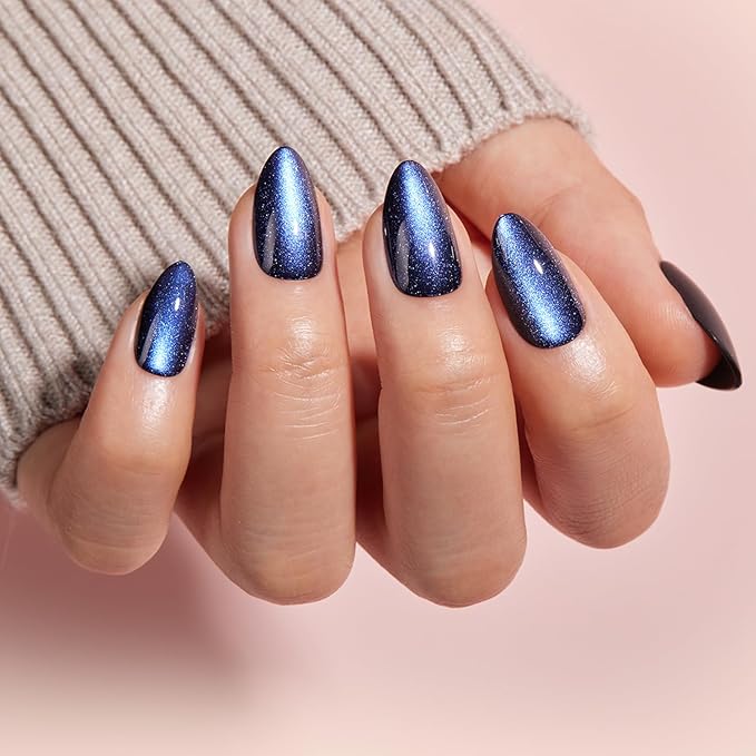 Press on Nails Short Almond - Blue Cat Eye Chrome Nails Kit, Reusable Gel Fake Nails with Nail Glue & Nail File - 32 PCS in 16 Sizes (Limited Edition Mini Pack)