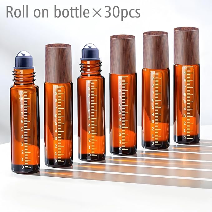 30pcs Essential Oil Roller Bottles, Amber Glass Roller Balls for Essential Oils, 10ml Empty Rollerball Bottles for Travel Refillable Roll on Perfume