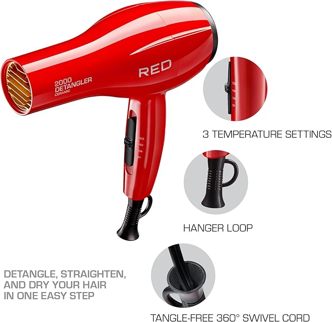 RED by KISS 2000 Ceramic Hair Dryer, Professional Salon Blow Dryer 3 Attachments Included, 2 Detangler Piks, 1 Air Concentrator (Red)