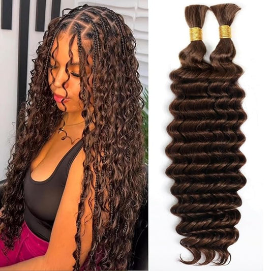 Chocolate Brown Human Braiding Hair for Boho Braids #4 Deep Water Wave Bulk Human Hair 110g 18 Inch Curly Human Hair Extensions Wet and Wavy Braiding Hair No Weft 2 Bundles/Pack
