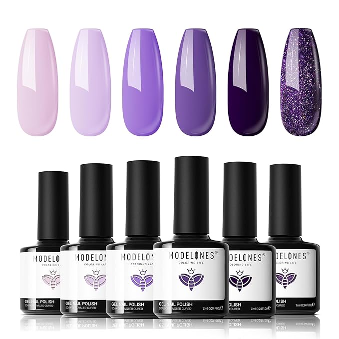 modelones Gel Nail Polish Set- Purple 6 Colors Gel Polish Set Glitter Nail Polish Gel Soak Off LED Nail Art Manicure Christmas Holiday Gel Nail Kit Gift Set for Women DIY Home Salon