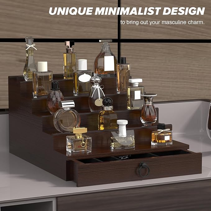 Cologne Organizer for Men, 5 Tier Cologne Shelf, Perfume Stand with Drawer and Hidden Compartment Perfume Display Holder - A Gift for Men